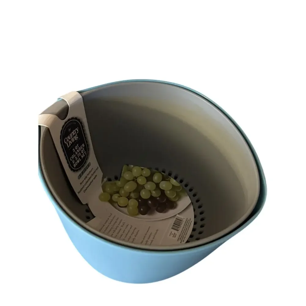 Country Living Stackable Bowl & Colander Set Teal Blue Gray Plastic-New